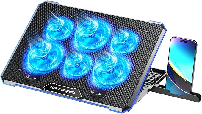 ICE COOREL Laptop Cooling Pad with 6 Cooling Fan, Laptop Cooler Fan with No Lights, Cooling pad for Laptop 15-17 Inches, Notebook Cooler Stand with 9 Height Adjustable, Cooler Pad for Lap or Desk Use