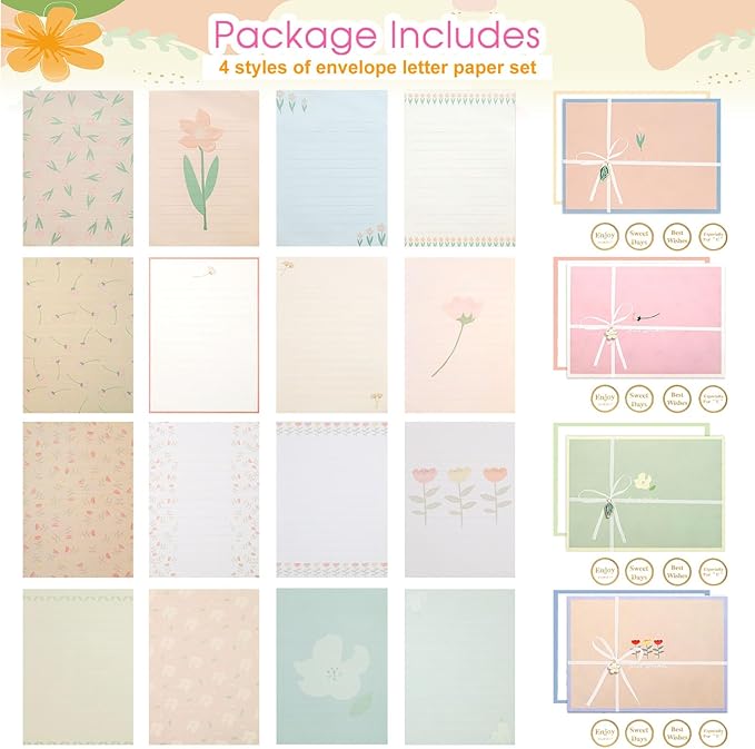 KSIWRE 48 PCS Stationery Paper and Envelopes Set,Cute Floral Stationary Set for Writing Letters,Double Sided Printing,Letter Writing Kit