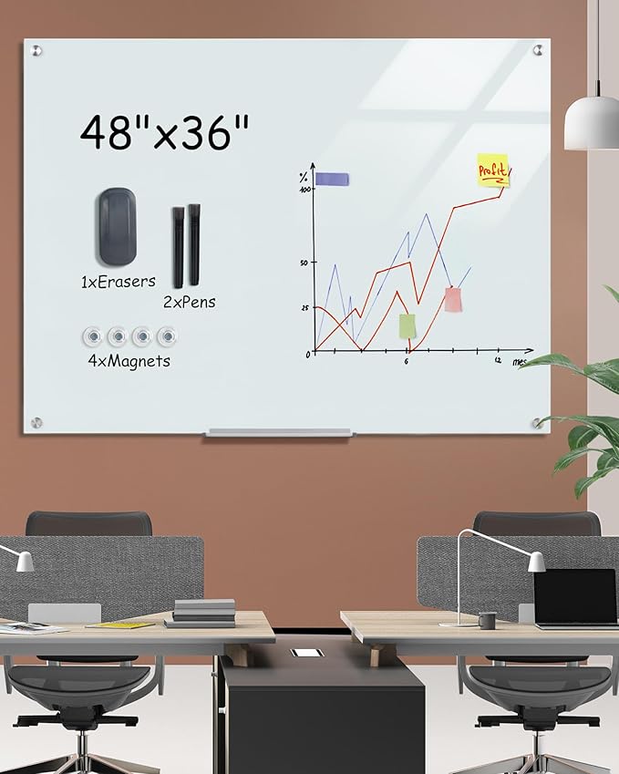 Mifuro Magnetic Glass Whiteboard，48"x36" Wall Mounted Frameless Dry Erase Board for Office, Home & School White