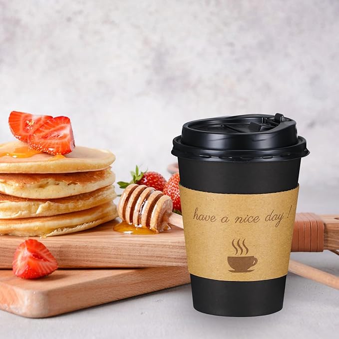 Lamosi 12 oz Coffee Cups with Lids 100 Pack, 12 oz Disposable Coffee Cup with Stir Sticks and Sleeves, To Go Hot Paper Cup for Home, Travel, Office