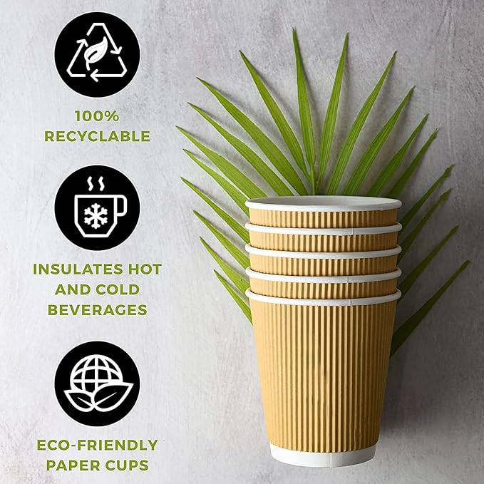 NYHI 150 10 oz Ripple Kraft Paper Cups Brown Hot Cold Cups 3 Layer Rippled Small Insulated Disposable Coffee Cups for Cappuccino Hot Cocoa or Iced Drinks