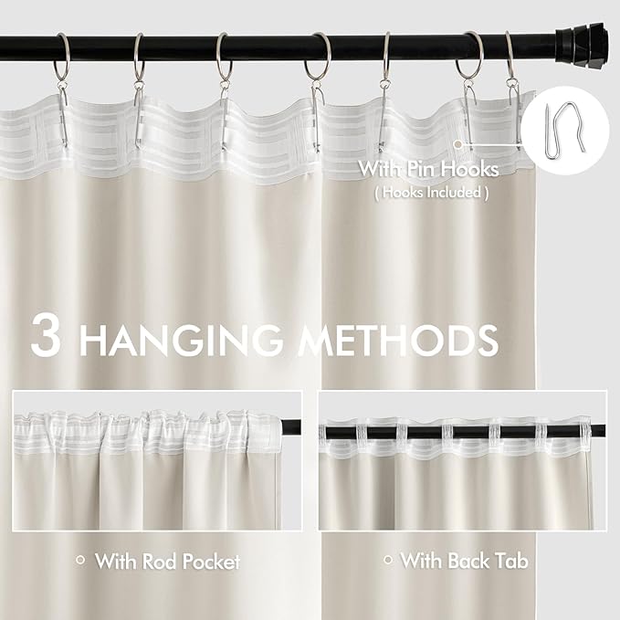 MIULEE Ivory Back Tab Blackout Curtain 96 Inch Long 2 Panels Set