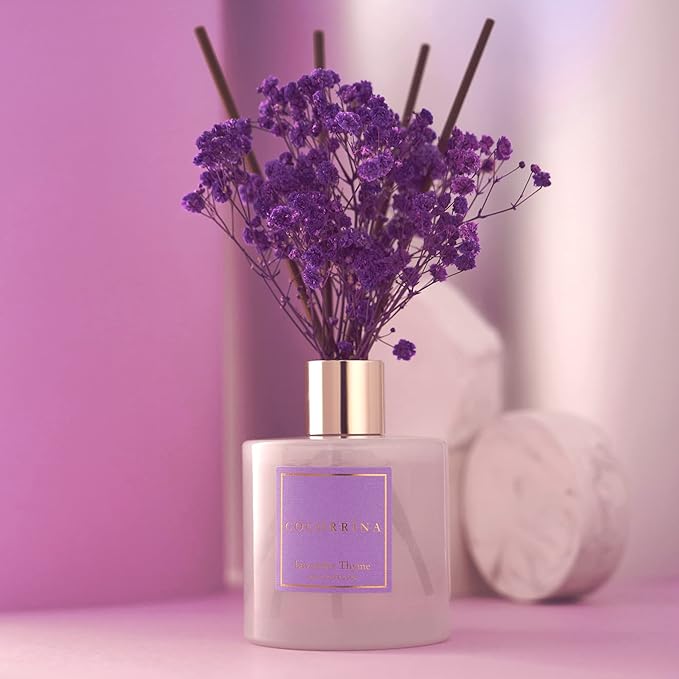 Cocorrína Premium Reed Diffuser Set with Preserved Baby's Breath & Cotton Stick Lavender Thyme | 6.7oz Scent Fragrance Lavender Oil Diffuser for Bedroom Bathroom Home Décor