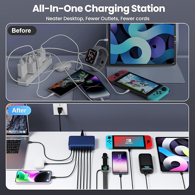 USB C Charger 200W USB C Charger Block,Upgraded GaN III 8-Port Fast Charging Station Hub,PD 65W Laptop Charging Adapter Compatible with MacBook Pro/Air,DELL,Steam Deck,iPhone 16/15/14,Galaxy S23/22