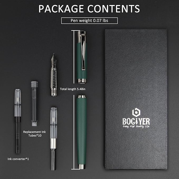 BOCIYER Luxury Fountain Pen Set,Ink Pen for Smooth Writing,Medium Nib,Includes 10 Ink Cartridges&Ink Converter,Best Pen Gift Case for Men & Women,fancy,Journaling,Executive Office pen-Black
