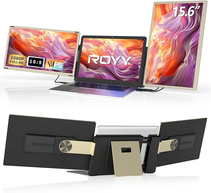 ROYY Laptop Screen Extender Triple Monitor - 15.6" Detachable Portable Computer Monitor, FHD 1080P IPS 235 Degrees Rotation Extra Screen Compatible with Mac Wins Dex Chrome Fits 13-17" Laptop