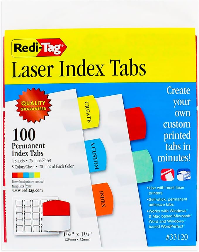 Redi-Tag Laser Index Tabs, Divider Tabs, Permanent Adhesive Indexes, Customizable Divider Labels, 1-1/8" x 1-1/4", Assorted Colors, 100 Tabs (B33120)