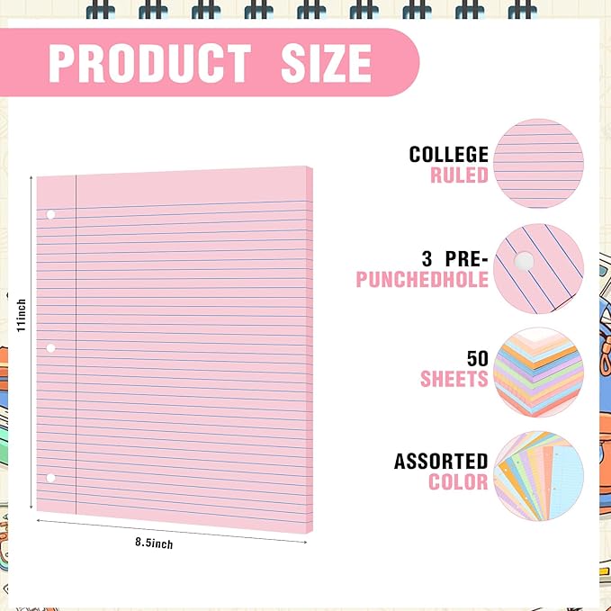 PerKoop 600 Sheets Colored Loose Leaf Paper 8.5" x 11" college ruled Lined 3 Hole Punched notebook Filler Paper for 3 Ring Binders Office School Supplies (Fantasy Color)
