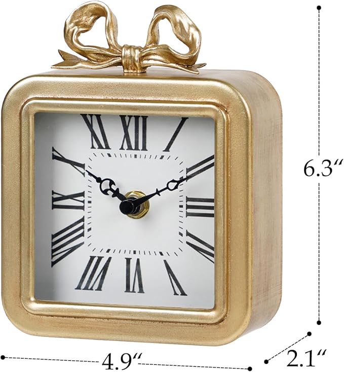 NIKKY HOME Gold Table Clocks, Table Clock Decor with Bow Metal Desk Clock Vintage Desk Clocks Silent Non-Ticking Battery Operated Decorative Shelf Clock for Living Room Bedroom