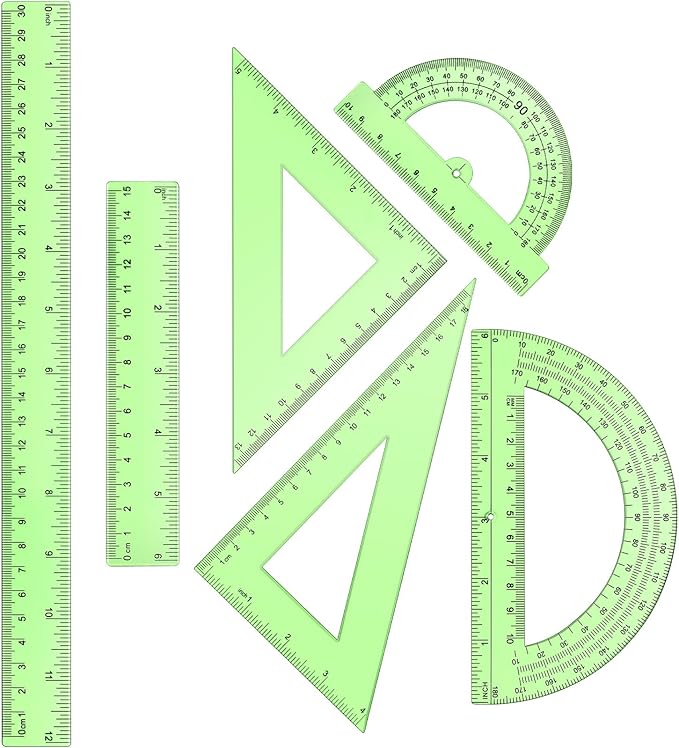 Tenare 6 Pcs Plastic Ruler Math Set Includes 12 Inch 6 Inch Straight Protractor Triangle Geometry Transparent Math Ruler Measuring Tools for School Office Home(Green)