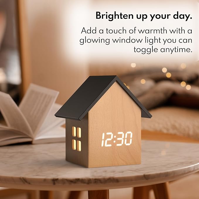 Driini Digital House-Shaped Alarm Clock with Temperature Display (Light Wood) – Modern Aesthetic - Cute Cube Frame and White LED Dimmer - Perfect Large Desk Clock for Bedside Table or Bedroom Mantle