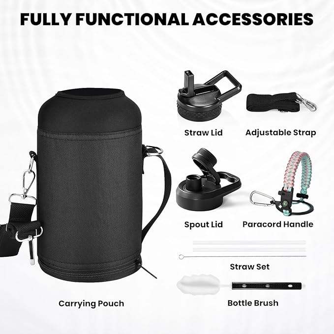 Insulated Water Bottle 64 oz, Triple Wall Vacuum Stainless Steel (Cold for 48 Hrs), Leak Proof & Non-BPA, Half Gallon Water Flask Jug with Paracord Handle & Straw Spout Lids, Hydrangea