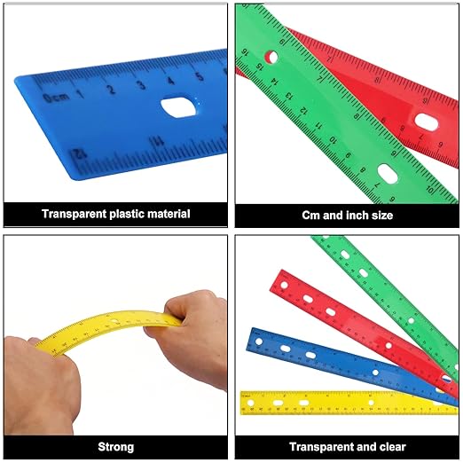 200 Pack 12 Inch Plastic Rulers Bulk, 4 Color Plastic Ruler, Colourful Ruler with Dual-Scale Measurement, Easy to Store, for Home, Office, Practical Use by KUKLIPJIM