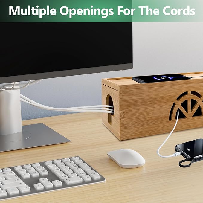 Bamboo Cable Management Box,Extra Large Cord Organizer Box,Power Strips Hider,Plug Strip Cord Box,Outlet Holder,Cords Concealer,Wires Covers,Desk & Floor Tidy Solution (Sliding lid)