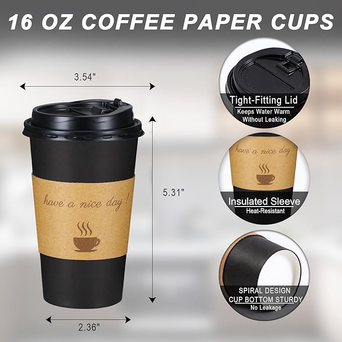 Lamosi 16 oz Coffee Cups with Lids 100 Pack, 16 oz Disposable Coffee Cup with Stir Sticks and Sleeves, To Go Hot Paper Cup for Home, Travel, Office