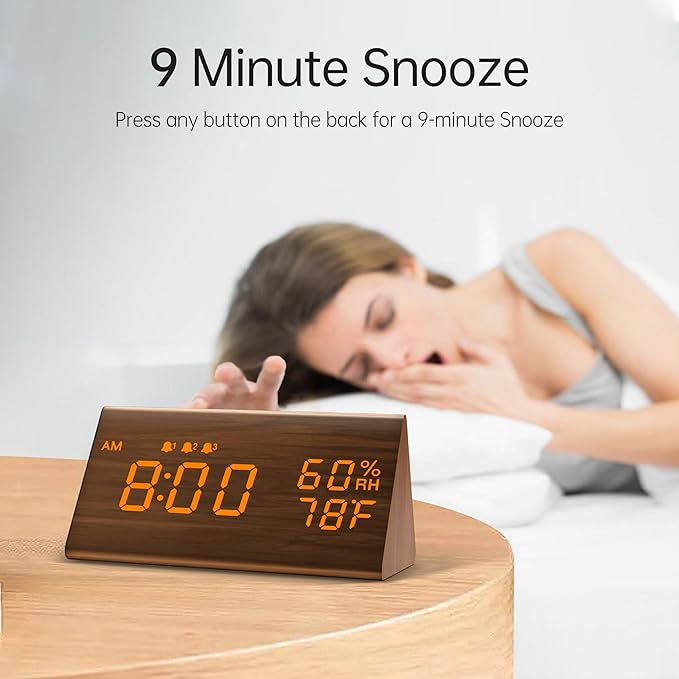 JALL Digital Alarm Clock, with Wooden Electronic LED Time Display, 3 Alarm Settings, Humidity & Temperature Detect, Wood Made Electric Clocks for Bedroom, Bedside (Brown)