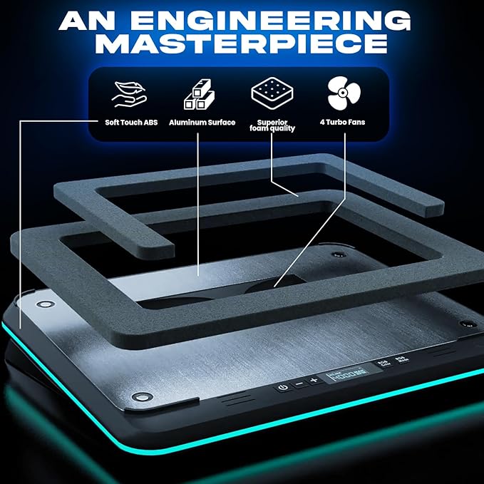 KLIM Turbofrost - Gaming Laptop Cooling Pad - 4 Powerful Turbo Fans - 4 x 4000 RPM, Laptop Cooler 2 Power Modes USB-C/DC, Dynamic RGB, 4-Ports USB, Sealed Foam for Fast Cooling for Laptops up to 17in