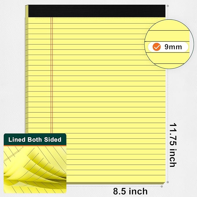 Legal Pads 8.5 x 11 Yellow Note Pads 8.5 x 11.75 Wide Ruled Writing Pads Lined Notepad for Home, School, Office Use, 80gsm Perforated Paper - Sturdy Cardboard Backing Support, 5 Pack (30 Sheets/Pad)