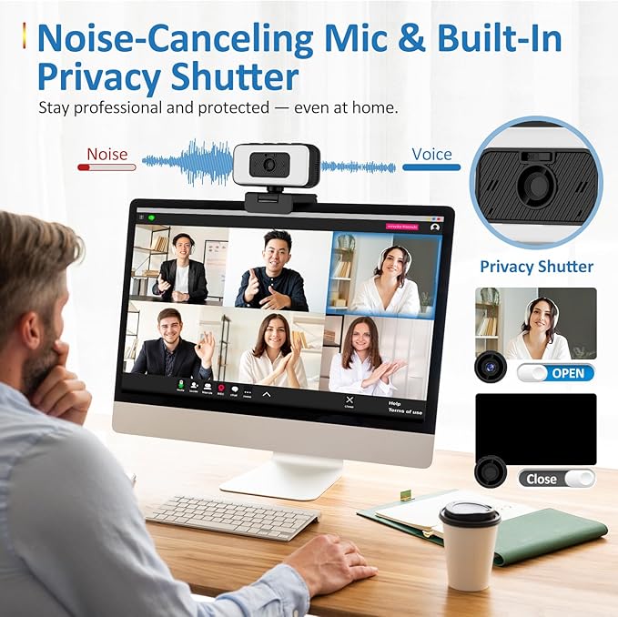 Danyesth 2K Webcam for Laptop, Computer Camera with Light for PC/Desktop/Mac [Light Your Face, Free Your Space] USB Webcam with Auto Anti-Disturb Backlight, Zoom & Flip, Privacy Cover, Microphone