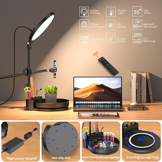 Selfie Light Kit for Desk and Laptop,55W Dimmable Full Screen Ring Light,with Rotating Storage Box,Pen Holder Stand,Phone Holder and Controller (Maya Blue, 10.5)