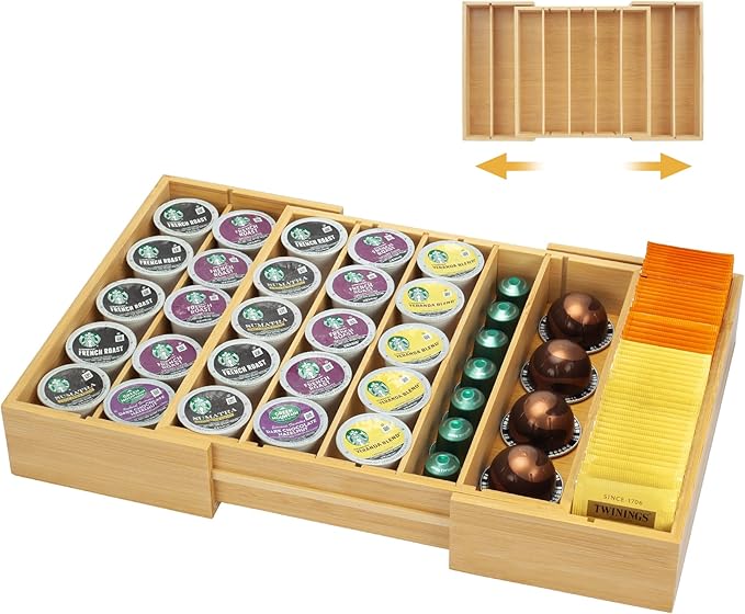 MinBoo Bamboo K Cup Holder for Drawer or Countertop Coffee Pod Holder Expandable K Cup Pod Storage Tea bag organizer K Cup Storage for Coffee Station Home Office and Kitchen