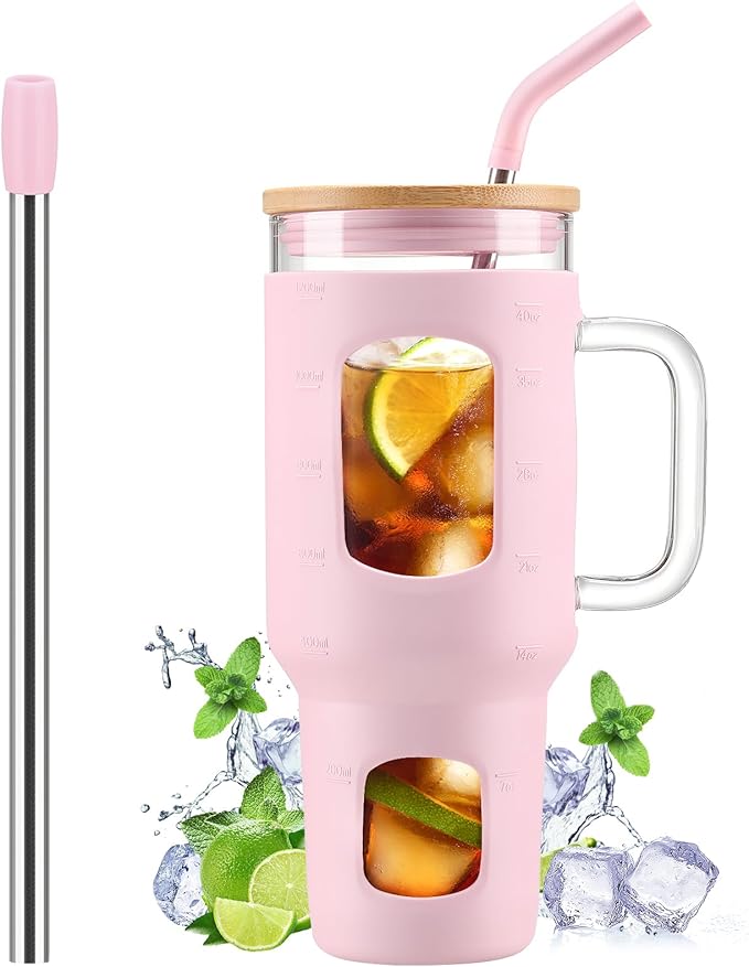 Glass Tumbler with Straw and Lid, 40 oz glass cup with handle, Glass Water Bottles with Time Marker, Silicone Protective Sleeve-Pink