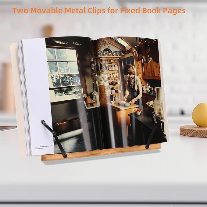 MEGREZ Bamboo Book Stand 11 x 8.0 inch, Foldable Cookbook Holder with 6 Adjustable Height, Reading Book Holder for Recipe, Music Book, Textbook, Tablet Stand, Stay Positive