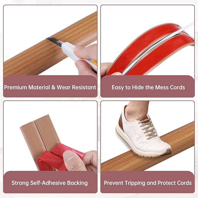 Floor Cord Cover Self Adhesive Cord Hider Floor Extension Cord Covers for Floor Power Cord Protector Cable Management Prevent Cable Trips Cable Cavity 0.32" W x 0.32" H (Light Brown Wood, 3.3Ft)