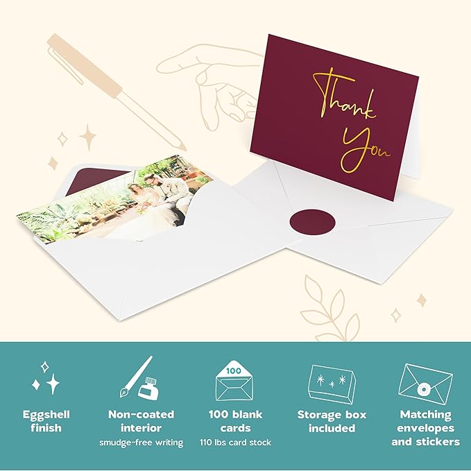 VNS Creations Gold Foil Thank You Cards With Envelopes Bulk Set & Stickers - 100 Pack 4x6 Blank Thank You Notes Box Set - Large Note Card Small Business, Wedding, Baby Shower & Bridal Shower - Wine