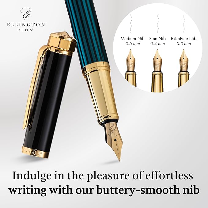 Ellington Pens Luxury Fountain Pen Set - Extra Fine Nib - Includes 3 Ink Cartridges, Refillable Ink Converter, Gift Box -Fountain Pens For Writing, Calligraphy, Journaling, Sketching (Urban Hunter)