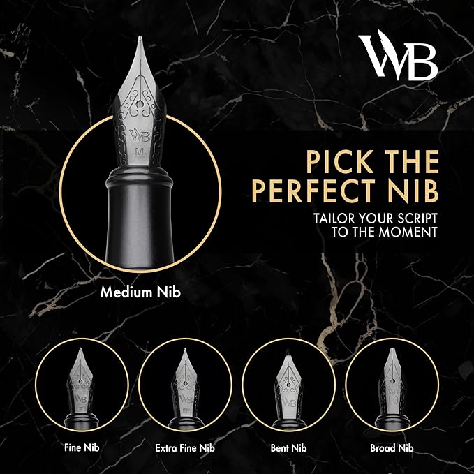 Wordsworth & Black Fountain Pen Set, Broad Nib, Includes 24 Pack Ink Cartridges, Ink Refill Converter & Gift Box, Calligraphy, [All Black], Perfect for Men & Women