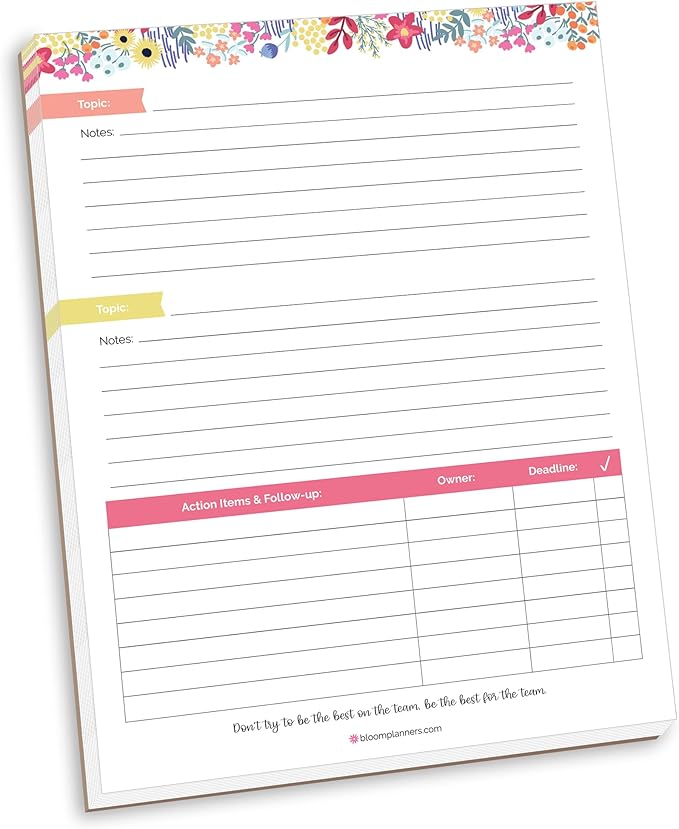 bloom daily planners 8.5" x 11" Double Sided Meeting Pad - Topics, Takeaways, Action Items & Follow-Ups - Undated Meeting Notes Agenda Organizer