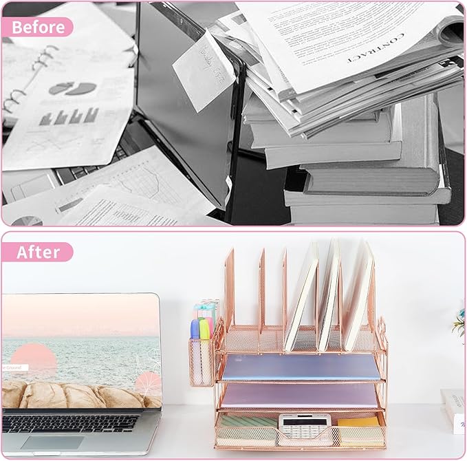 LEKETREE Desk Organizers and Accessories, 3-Tier Paper Organizer with 5 Vertical File Holders, File Organizer for Desk (Rose Gold With Drawer, 3T With Drawer)