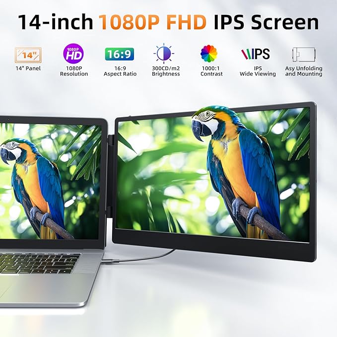 ZUMWALT Laptop Screen Extender, 14" Triple Portable Monitor for Laptop, 1080P FHD Screen Extender Monitors for 13"-16.5", Monitor Extender for MacOS/Windows/Chrome (Built-in Speakers)