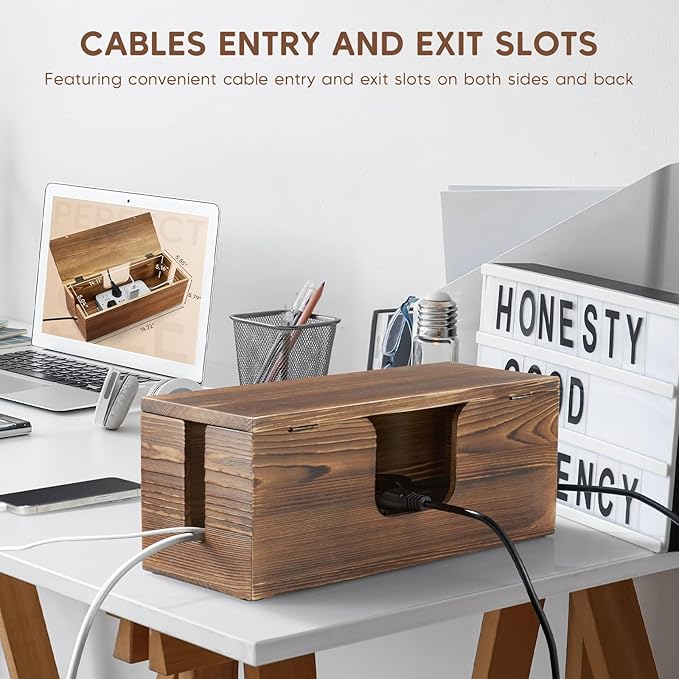 Large Cable Management Box - Burnt Wood Cable Organizer Box and Power Strip Box for Electrical Cord Management - Hide Desk Cord and Floor Cables - Wire Storage and Organization for Cords