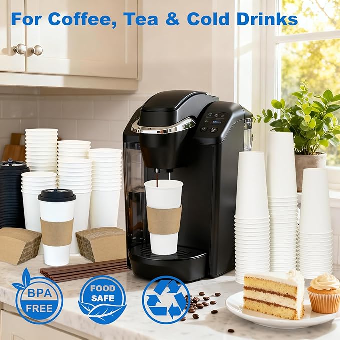 Coolcap 20 oz 300 Pack Coffee Cups with Lids and Sleeves, Straws, Hot Disposable To Go Travel Paper Cups Bulk for Office, Home Coffee Bar Accessories, Chocolate, Cocoa, Beverage (White)