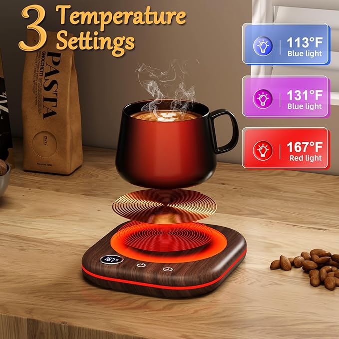 Mug Warmer Upgraded,Coffee Mug Warmer for Desk LEDs Light 3 Temp Settings (113-167°F) 1-12H Timer 4 H Auto Shut Off Beverage Cup Candle Warmer for Coffee Tea Milk(Wood Grain)