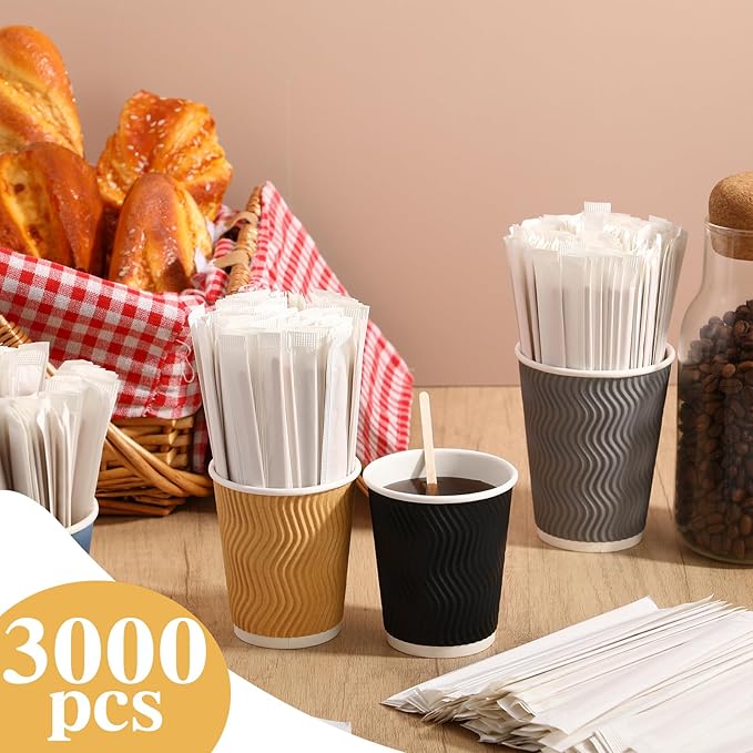 3000 Pcs Individually Wrapped Wooden Coffee Stirrers, Disposable Coffee Stir Sticks Round End Sticks Bulk Wood Stirrers for Cocktail Hot Drinks Restaurant Bar Home Office (5.5 Inch)