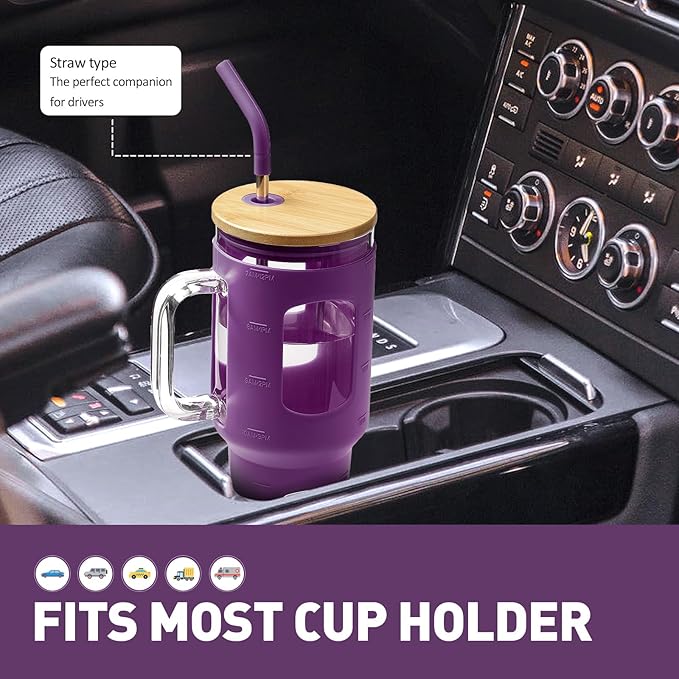 Glass Tumbler with Straw and Lid, 40 oz glass cup with handle, Glass Water Bottles with Time Marker, Silicone Protective Sleeve-Dark Purple