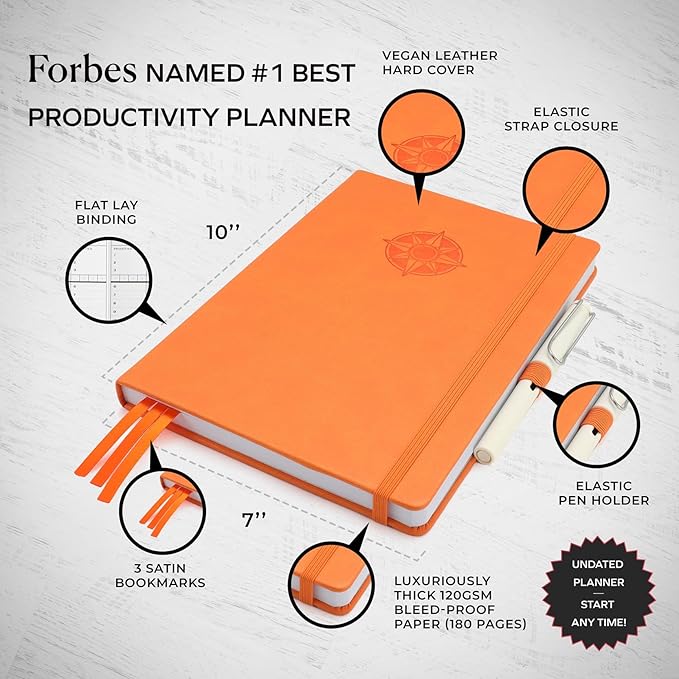 Smart Planner Pro – Medium 10 x 7 inches (B5) – Undated Agenda Daily Planner – Tested & Proven to Achieve Goals & Increase Productivity, Time Management & Happiness with Weekly, Monthly, Gratitude Sections, Back Pocket (Orange)