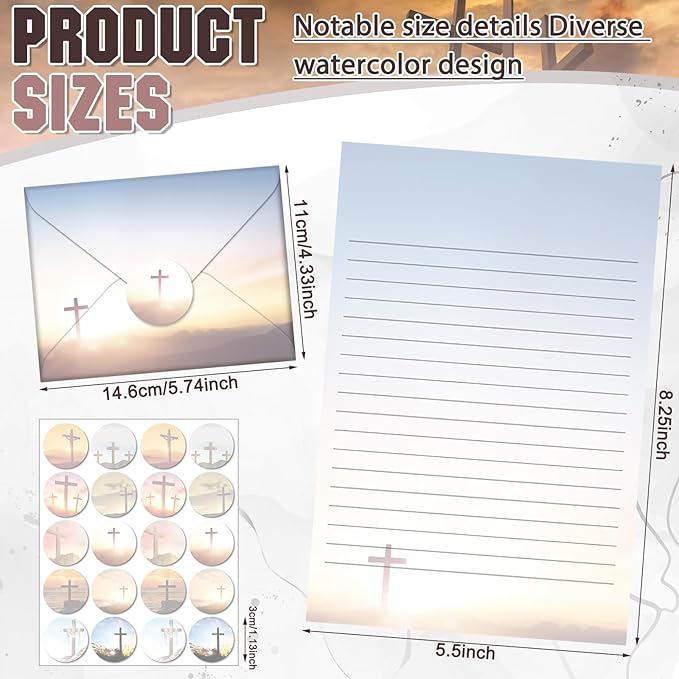 TaoBary 160 Pcs Stationery Paper Set 50 Double Sided Stationery Papers with 50 Matching Envelopes and 60 Round Dot Sticker, 10 Design(Religious Letter with Cross,5.5 x 8.25 Inch)
