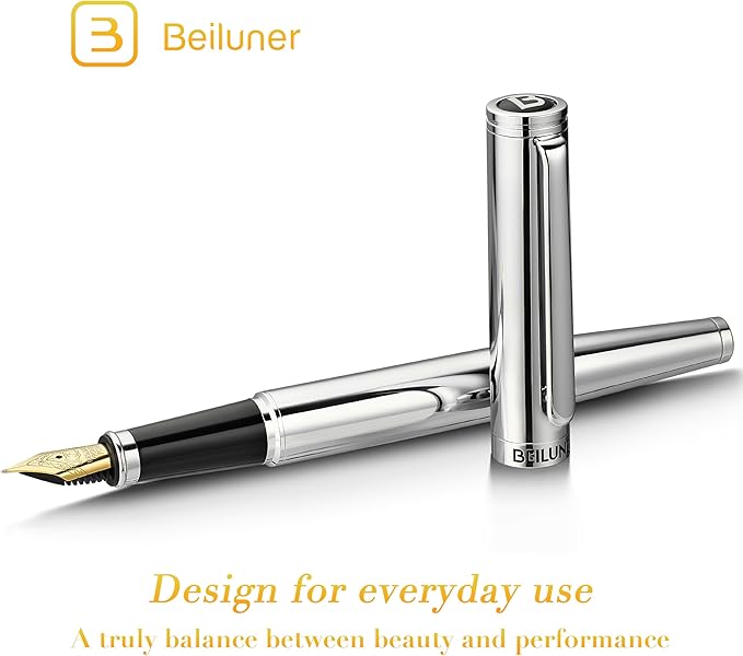 BEILUNER Silver Fountain Pen,Stunning Luxury Pens with Bright Silver Chrome, Gorgeous 24K Gilded Nib(Fine),Gift Pen Set for Men&Women -Ink Converter-Elegant, Professional, Nice Pen for Writing