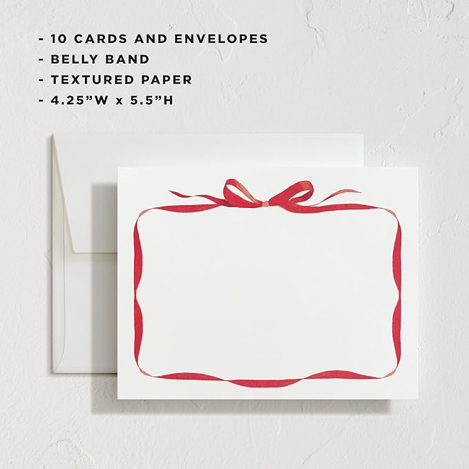 Minted Bow Stationery Cards, 10 Count, Blank Cards and Envelopes For Thank You Notes, Holiday Greeting, Invitations & Handwritten Messages, Note Cards & Stationery Set, Gifts for Women, Red Bow Theme