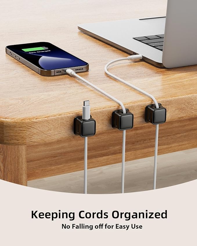 12 Pack Magnetic Cord Organizer Holder, Strong Adhesive Desk Cable Management, Easy Open, Organize Phone Charging Cords, Wire Holder, Neatly for Home, Office, Car, Desk, Nightstand - Black