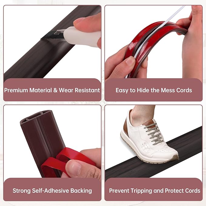 Floor Cord Cover Self Adhesive Cord Hider Floor Extension Cord Covers for Floor Power Cord Protector Cable Management Prevent Cable Trips Cable Cavity 0.32" W x 0.32" H (Dark Walnut, 10Ft)
