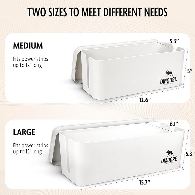 DMoose Cable Management Box - 2 Pack Medium & Large Cord Organizer for Desk & Floor - Cable Organizer Box for Child & Pet - Cable Box Hider for Tidy Office & Home, Power Strip Cover (White, Pack of 2)