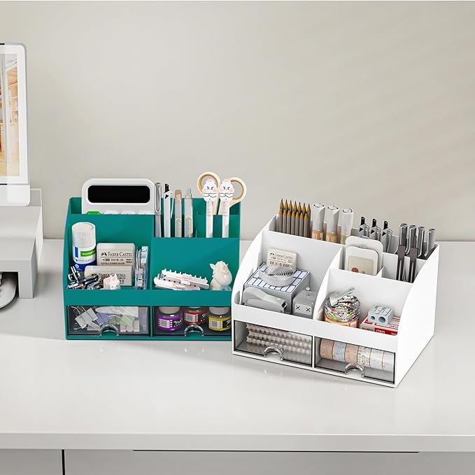 Desk Organizer with 6 Compartments and 2 Drawers, Plastic Makeup Organizer, Pen Holder for Desktop Storage, Desk Organization for School, Home, Office Supplies (Dark Green)