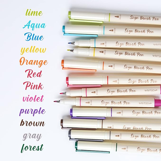 WRITECH Brush Tip Marker Pens: Artist Markers Flexible Tip Water Based 12ct Assorted Colors for Journaling Adult Coloring Hand Lettering Calligraphy Drawing Vibrant Colored