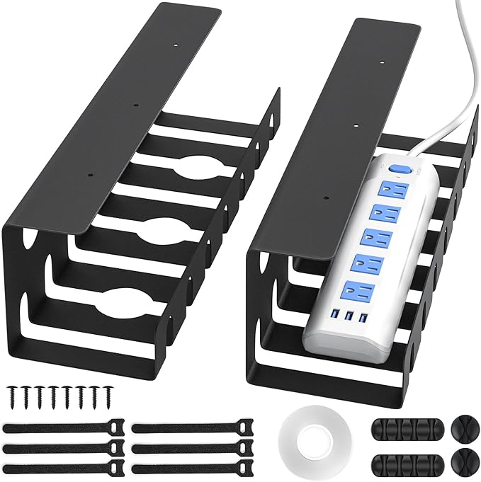 Delamu 2 Pack Metal Under Desk Cable Management Tray, U Channel Cord Organizer Box, Office Under Desk Cord Organizers, Cable Management with Various Accessories, Black, 15.75 Inches
