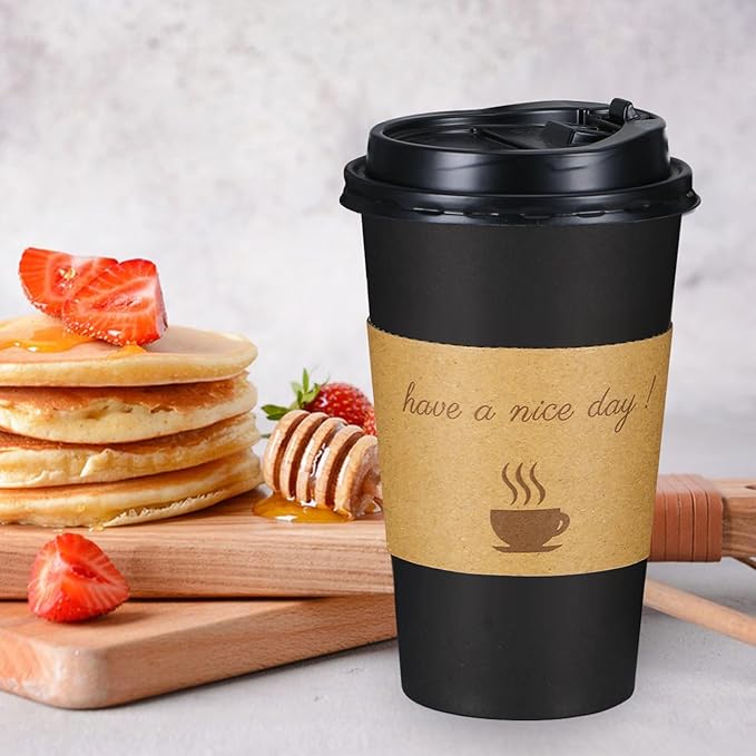 Lamosi 16 oz Coffee Cups 50 Pack, Disposable Coffee To Go Cups with Lids, Stir Sticks and Sleeves, 16 oz Black Hot Paper Cup for Home, Travel, Office